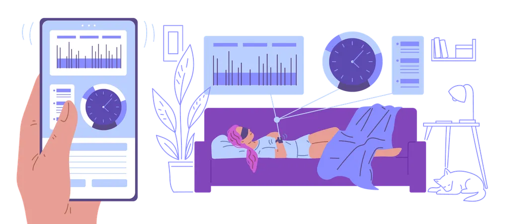Woman using sleeping smart tracker  Illustration