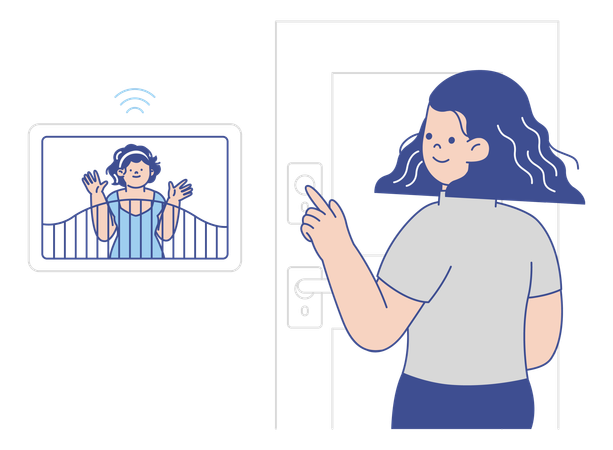 Woman Using Smart Home Security System with Doorbell  Illustration