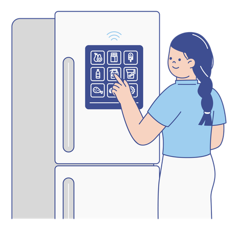 Woman Using Smart Refrigerator Digital Screen for Home Automation  Illustration