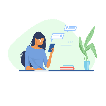 Woman using smartphone at office Illustration