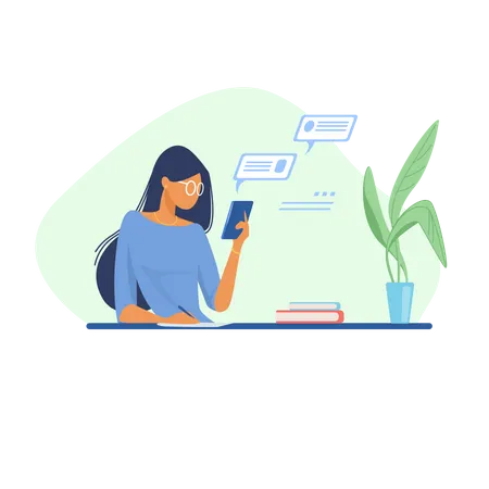 Woman using smartphone at office  Illustration