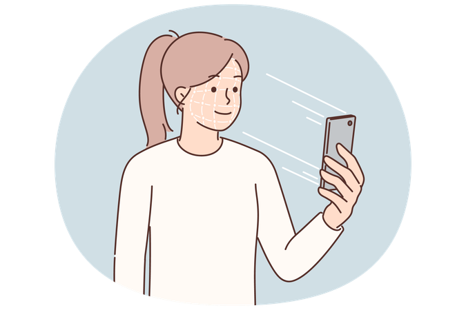 Woman using smartphone passes biometric identification allowing access to banking application  Illustration