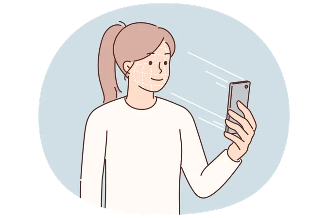 Woman using smartphone passes biometric identification allowing access to banking application  Illustration