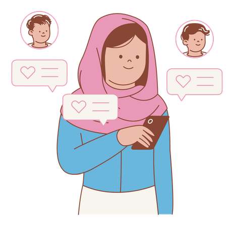 Woman Using Smartphone talking on date app using Messages  Illustration