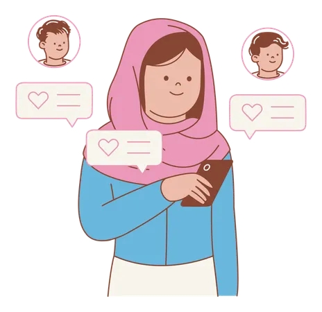 Woman Using Smartphone talking on date app using Messages  Illustration
