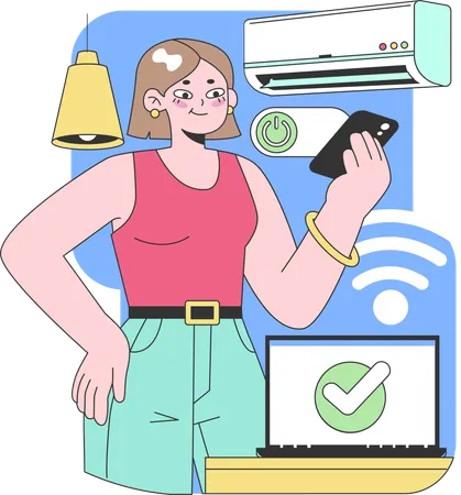 Woman using smartphone to control air conditioner, lighting, and laptop,  일러스트레이션