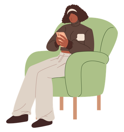 Woman using smartphone while sitting on armchair Illustration