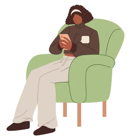 Woman using smartphone while sitting on armchair Illustration