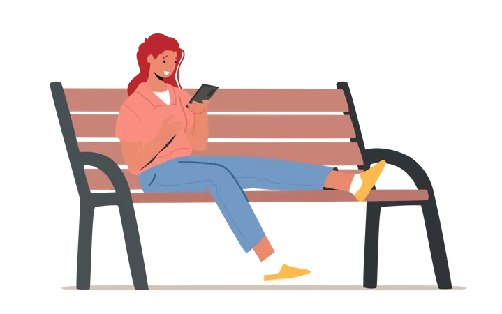 Woman Using Smartphone while Sitting on Bench Illustration