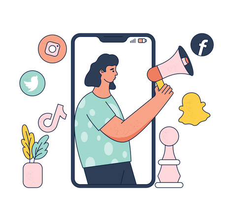 Woman using social media marketing strategy  Illustration