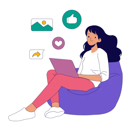 Woman using Social Media on Laptop  Illustration