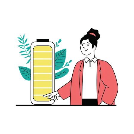 Woman using solar battery cells  Illustration