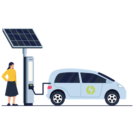 Woman using solar EV Charging Station  Illustration