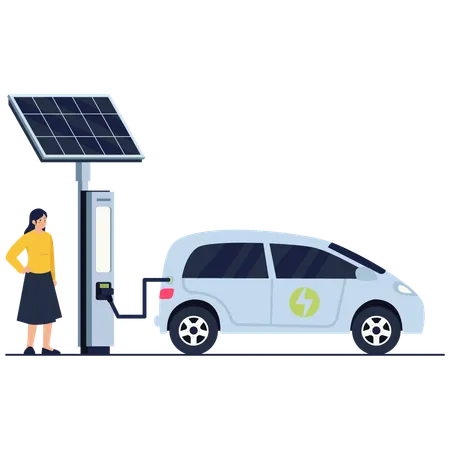 Woman using solar EV Charging Station  Illustration