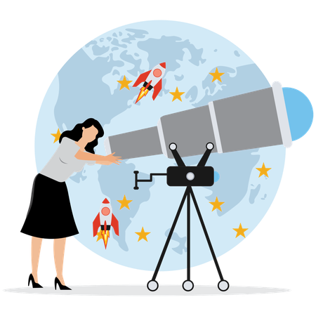 Woman using Space Telescope View  Illustration