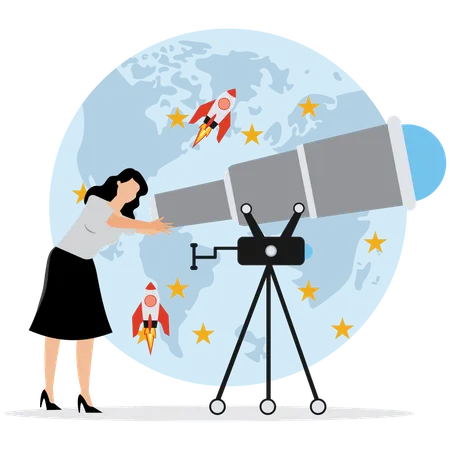 Woman using Space Telescope View  Illustration