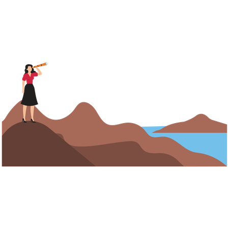 Woman using telescope standing on top mountain  Illustration