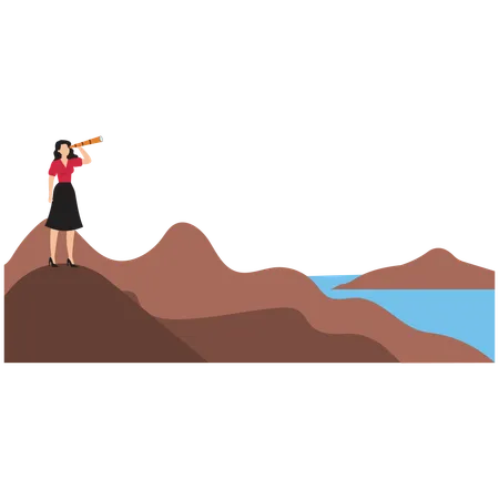 Woman using telescope standing on top mountain  Illustration