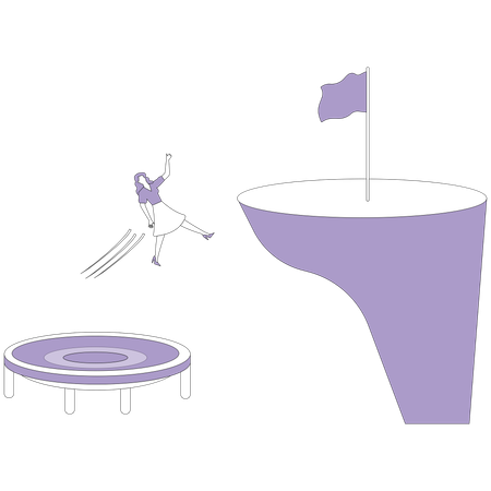 Woman using trampoline overcomes cliff  Illustration