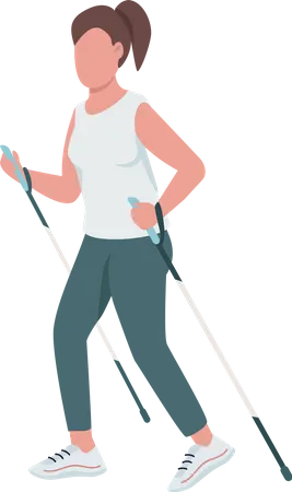 Woman Using Trekking Poles In Trail Running Semi Flat Color Vector Character Running Figure Full Body Person On White Simple Cartoon Style Illustration For Web Graphic Design And Animation Illustration