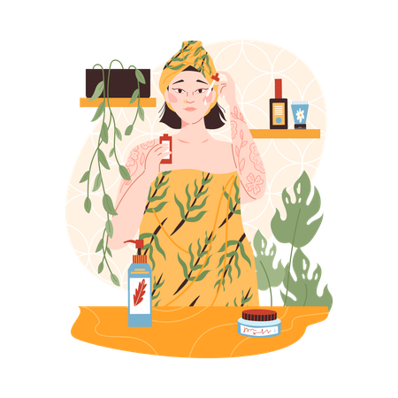Woman using various facial cosmetics  Illustration
