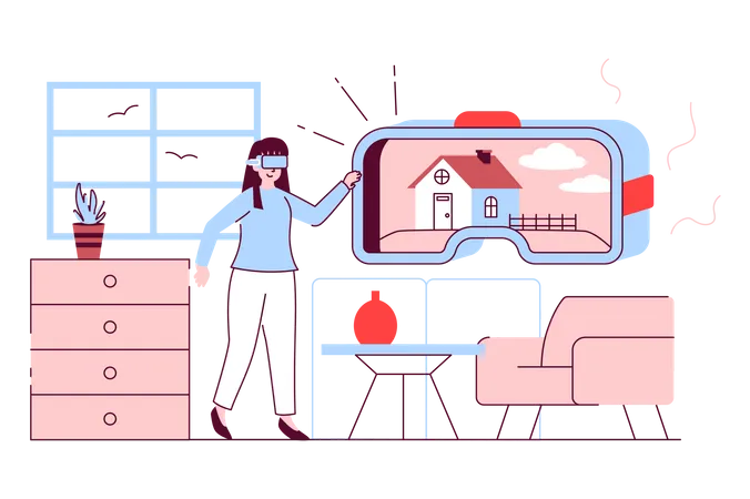 Augmented Reality Concept In Flat Line Design Woman Using VR Headset For Working With Graphic Projection Of House At Architectural Project Vector Illustration With Outline People Scene For Web Illustration