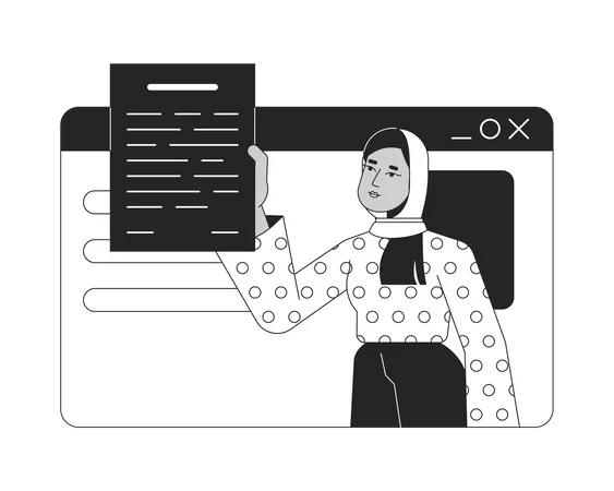 Woman On Web Page Mockup Background Bw Concept Vector Spot Illustration Freelancer Takes Document 2 D Cartoon Flat Line Monochromatic Character For Web UI Design Editable Isolated Outline Hero Image Illustration