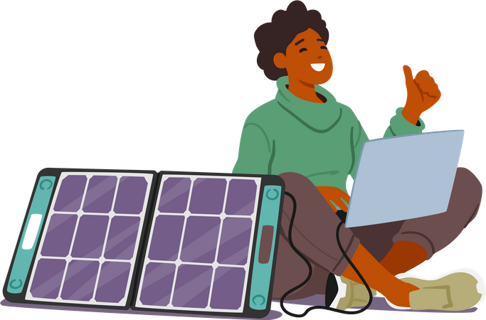 Woman Utilizing Solar Energy To Power Her Laptop  Illustration