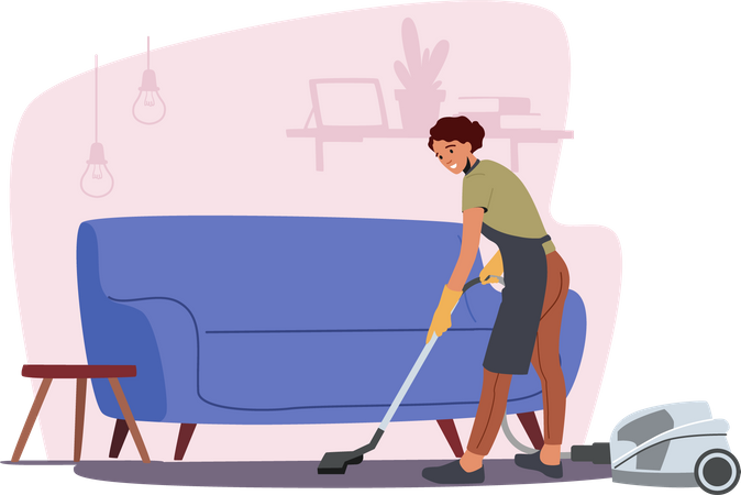 Woman vacuuming floor Illustration