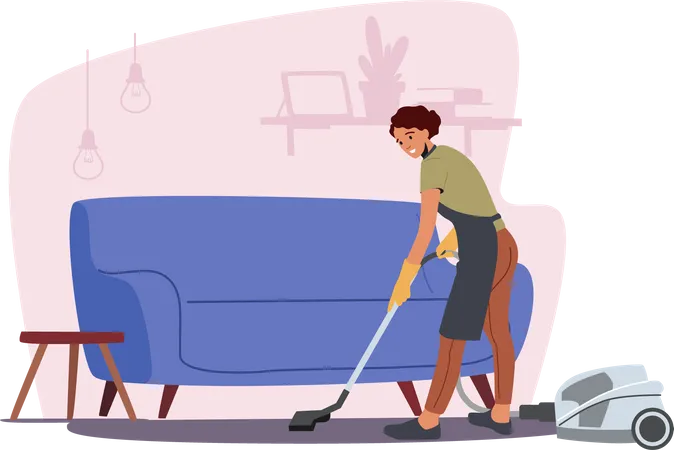 Woman vacuuming floor Illustration