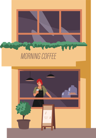 Woman vendor selling morning hot drink at outdoor street local coffee shop  Illustration