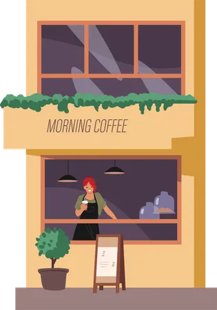 Woman vendor selling morning hot drink at outdoor street local coffee shop  Illustration