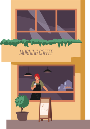 Woman vendor selling morning hot drink at outdoor street local coffee shop  Illustration