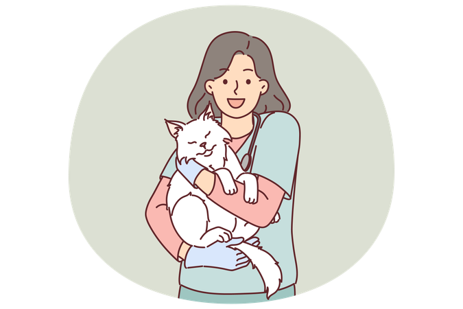 Woman veterinarian holding cat belonging to ZOO clinic visitor who brought pet for vaccination  Illustration