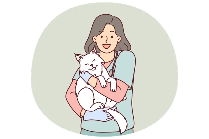 Woman veterinarian holding cat belonging to ZOO clinic visitor who brought pet for vaccination  Illustration