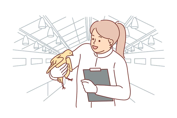 Woman Veterinarian With Chicken In Hands Works At Poultry Farm Checking Chickens For Infections And Bird Flu Girl Employee Poultry Farm In White Coat Holding Clipboard Making Career In Agribusiness Illustration