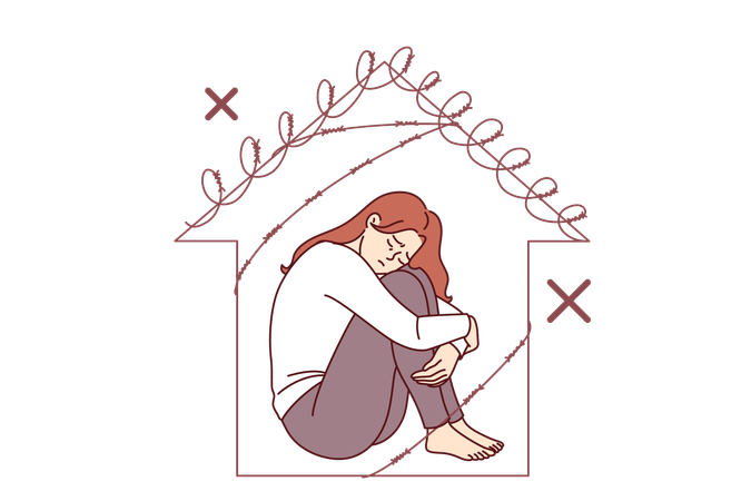 Woman victim of domestic violence sits in prison shaped like barbed wire house in need of support  Illustration