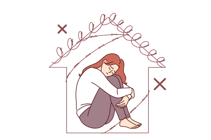 Woman victim of domestic violence sits in prison shaped like barbed wire house in need of support  Illustration