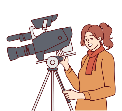 Woman videographer stands near professional video camera fixed on tripod and shoots film  Illustration