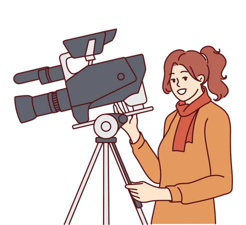 Woman videographer stands near professional video camera fixed on tripod and shoots film  Illustration