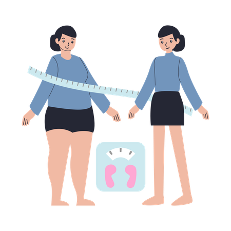 Woman viewing at Before and After body effects  Illustration