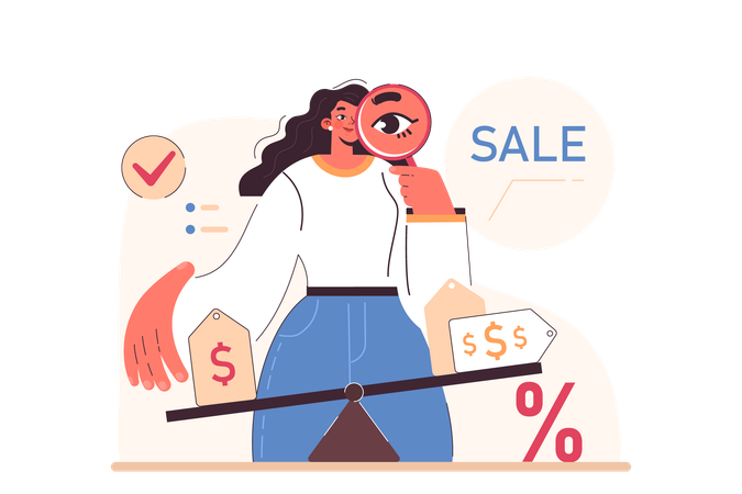 Woman viewing at sale shopping offer  Illustration