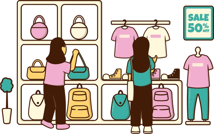 Woman viewing sale on different products in mega store  Illustration