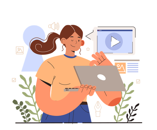 Woman views at online social video  Illustration