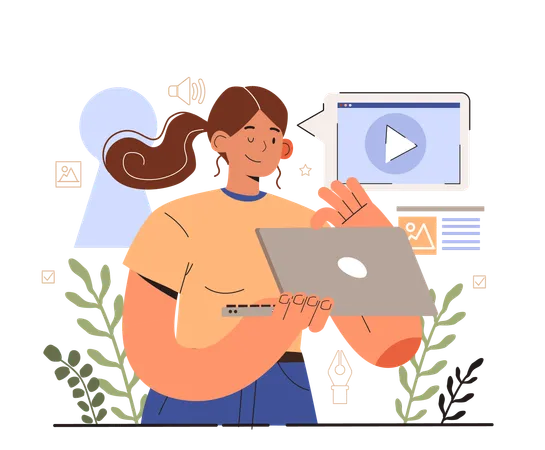 Woman views at online social video  Illustration