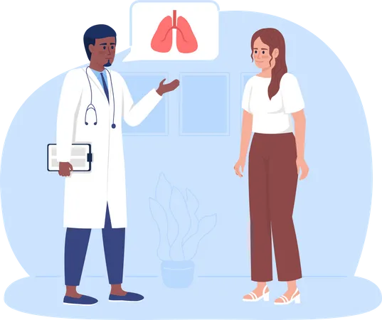 Woman Visiting Doctor For Lungs Checkup 2 D Vector Isolated Illustration Medical Consultation Flat Characters On Cartoon Background Hospital Colourful Scene For Mobile Website Presentation Illustration