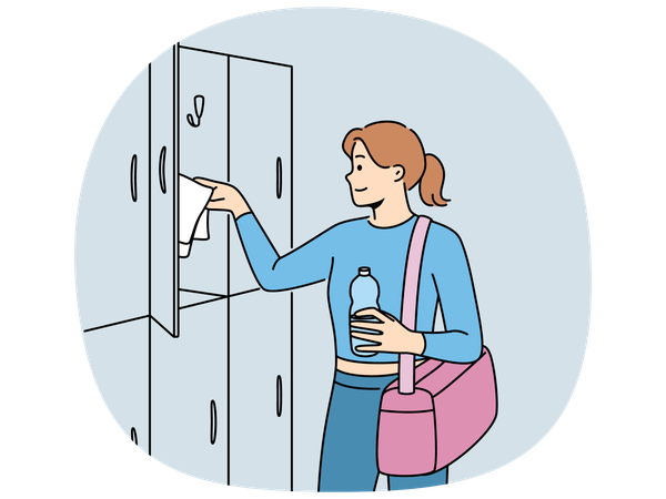 Woman visitor to gym stands near lockers for personal belongings  Illustration
