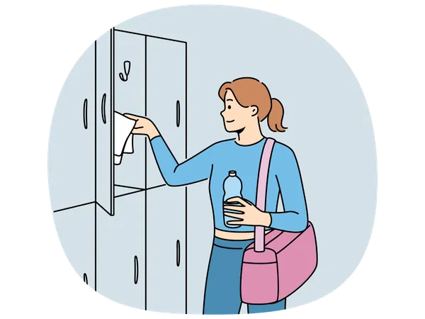 Woman visitor to gym stands near lockers for personal belongings  Illustration