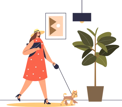 Woman visitor with dog walking in hotel lobby  Illustration