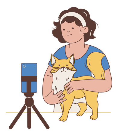 猫のイラストを使って動画ブログを投稿する女性  イラスト